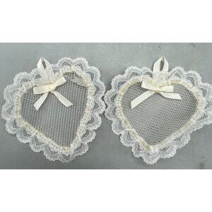 handmade set of 2 heart lace white ornaments ruffle 4" READ